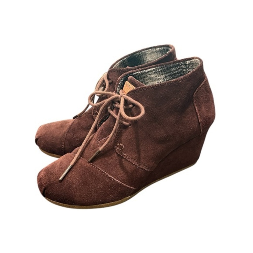 Toms Desert Wedge #380813 Flannel Lined Brown Suede Wedge Ankle Boots Size 7W.